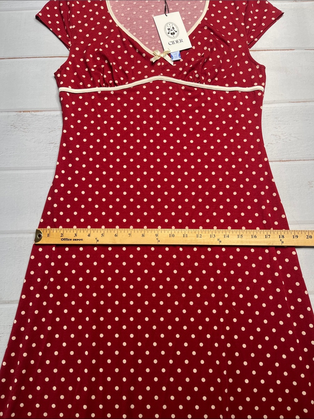 New Cider Dress XL Brick Red Polka Dots Bow Stretch Cap Sleeves V-neck Sexy NWT - Picture 11 of 14
